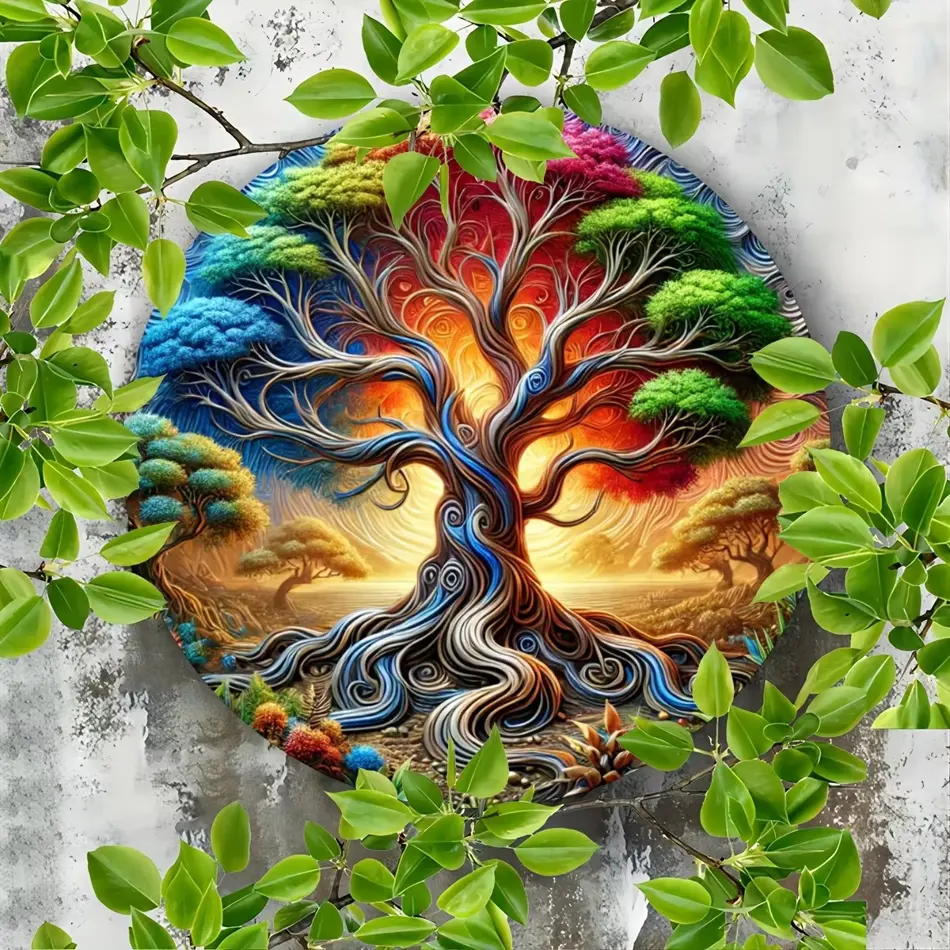 2D Retro Tree of Life Mandala Wood Wall Art – Round Wooden Signboard for Room Decoration