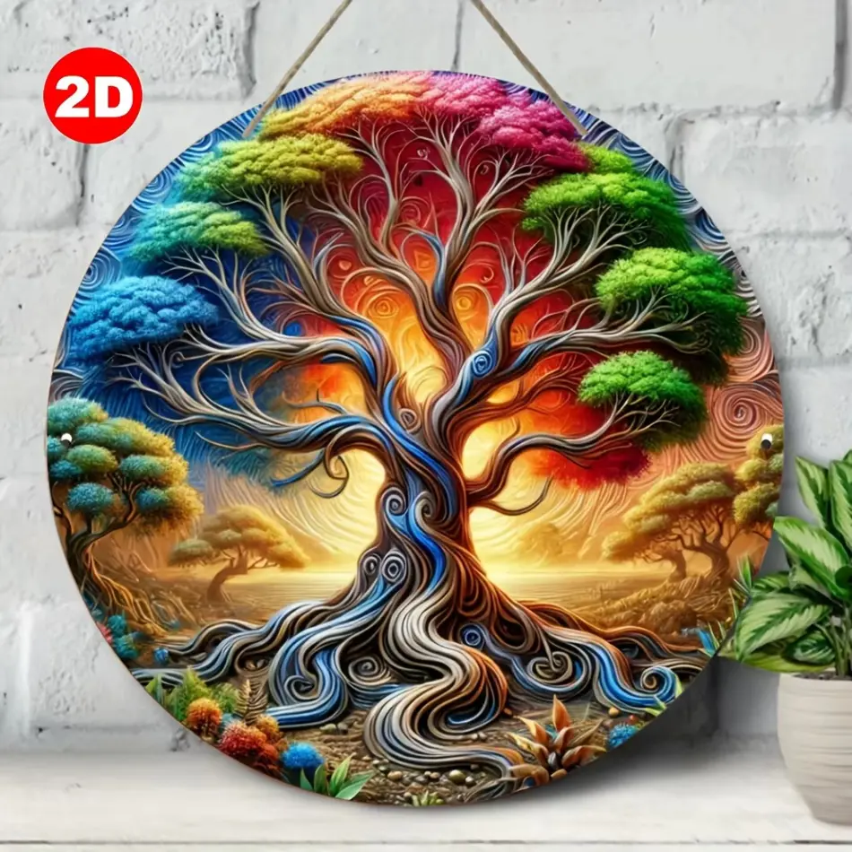2D Retro Tree of Life Mandala Wood Wall Art – Round Wooden Signboard for Room Decoration