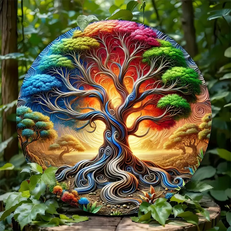 2D Retro Tree of Life Mandala Wood Wall Art – Round Wooden Signboard for Room Decoration
