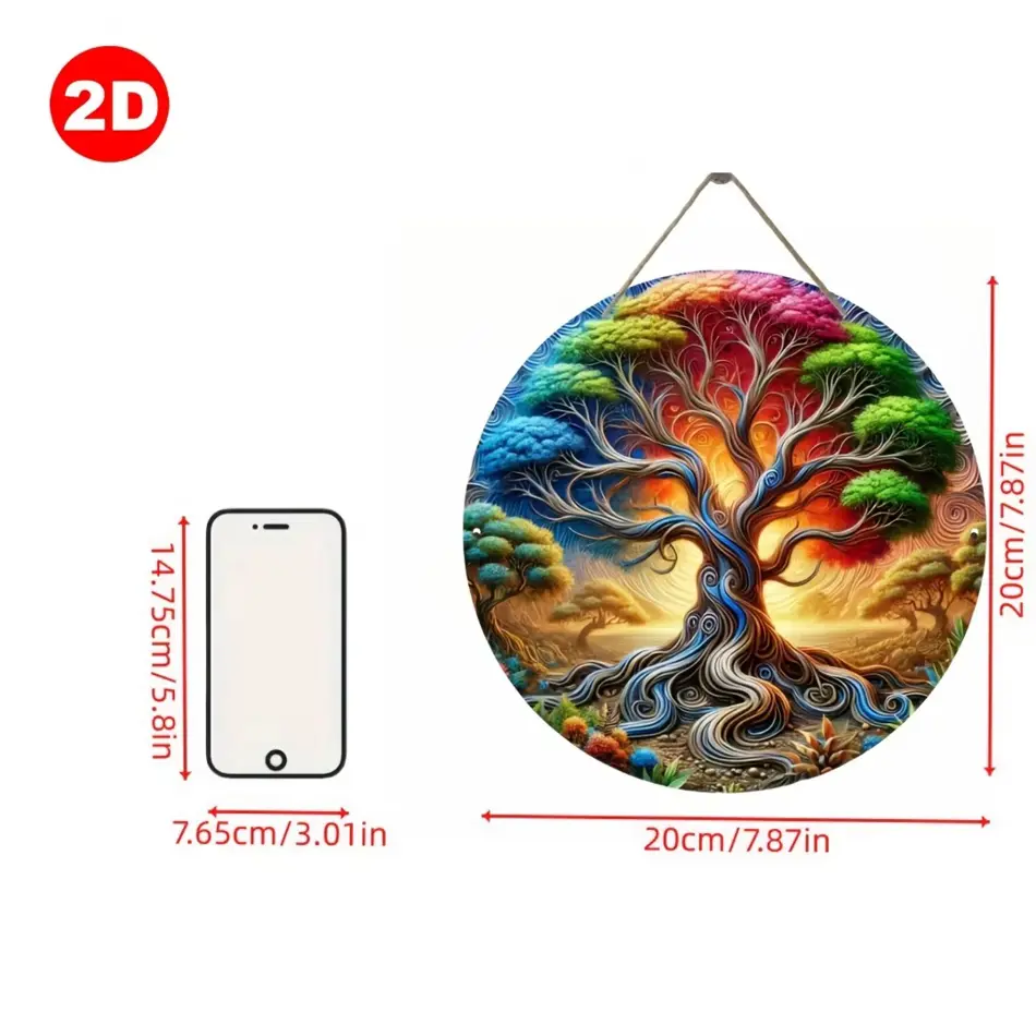 2D Retro Tree of Life Mandala Wood Wall Art – Round Wooden Signboard for Room Decoration