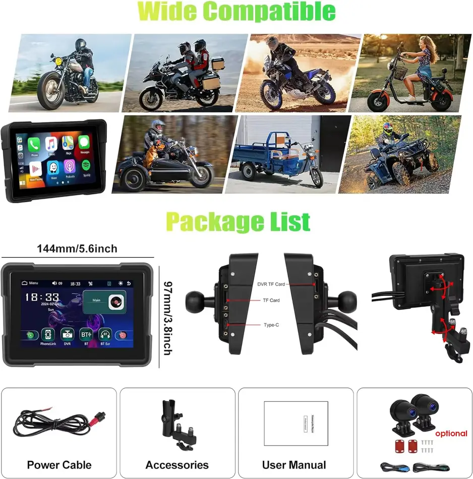  5-Inch Wireless Apple CarPlay & Android Auto Portable Motorcycle Screen | 1080P Dual Camera | Bluetooth | Siri & Google Voice | MOTOFI