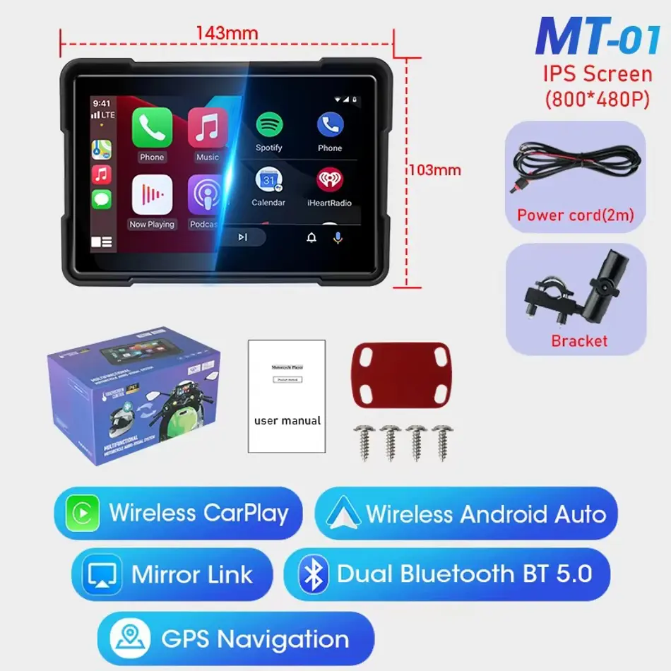  5-Inch Wireless Apple CarPlay & Android Auto Portable Motorcycle Screen | 1080P Dual Camera | Bluetooth | Siri & Google Voice | MOTOFI
