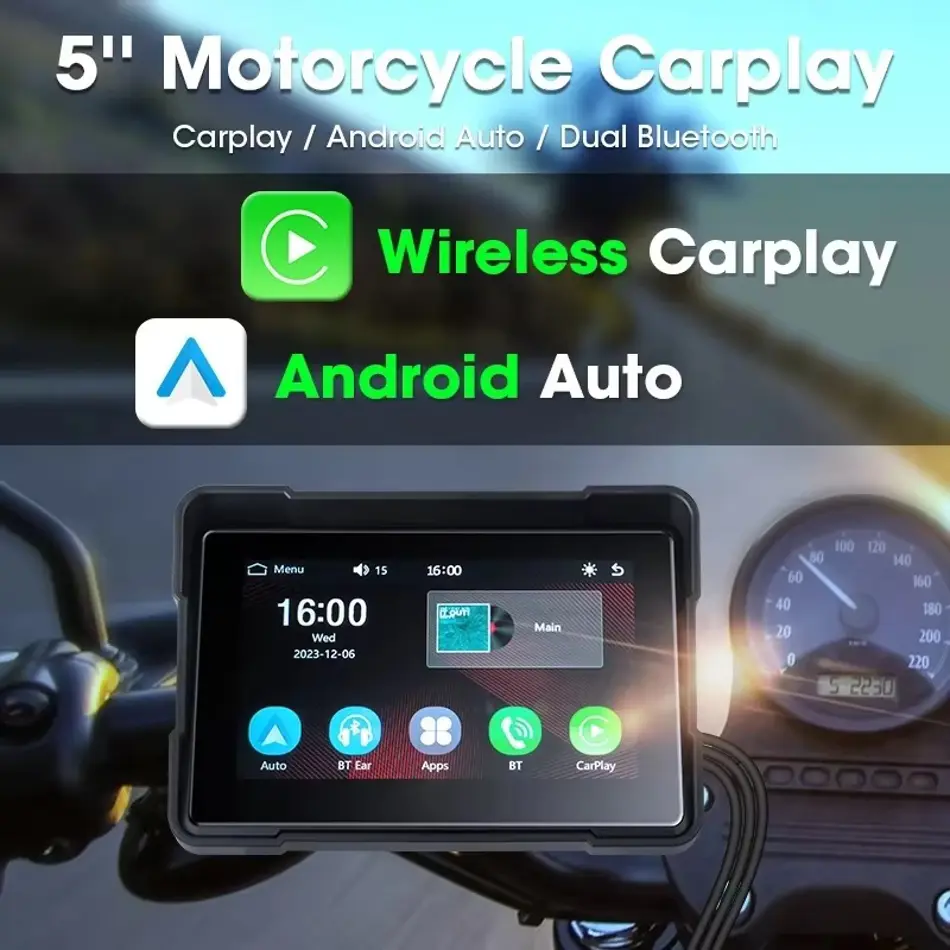  5-Inch Wireless Apple CarPlay & Android Auto Portable Motorcycle Screen | 1080P Dual Camera | Bluetooth | Siri & Google Voice | MOTOFI
