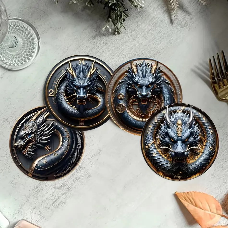 6-Piece Chinese Dragon Wooden Coasters - Heat-Resistant, Durable Drink & Coffee Holders for Office & Kitchen