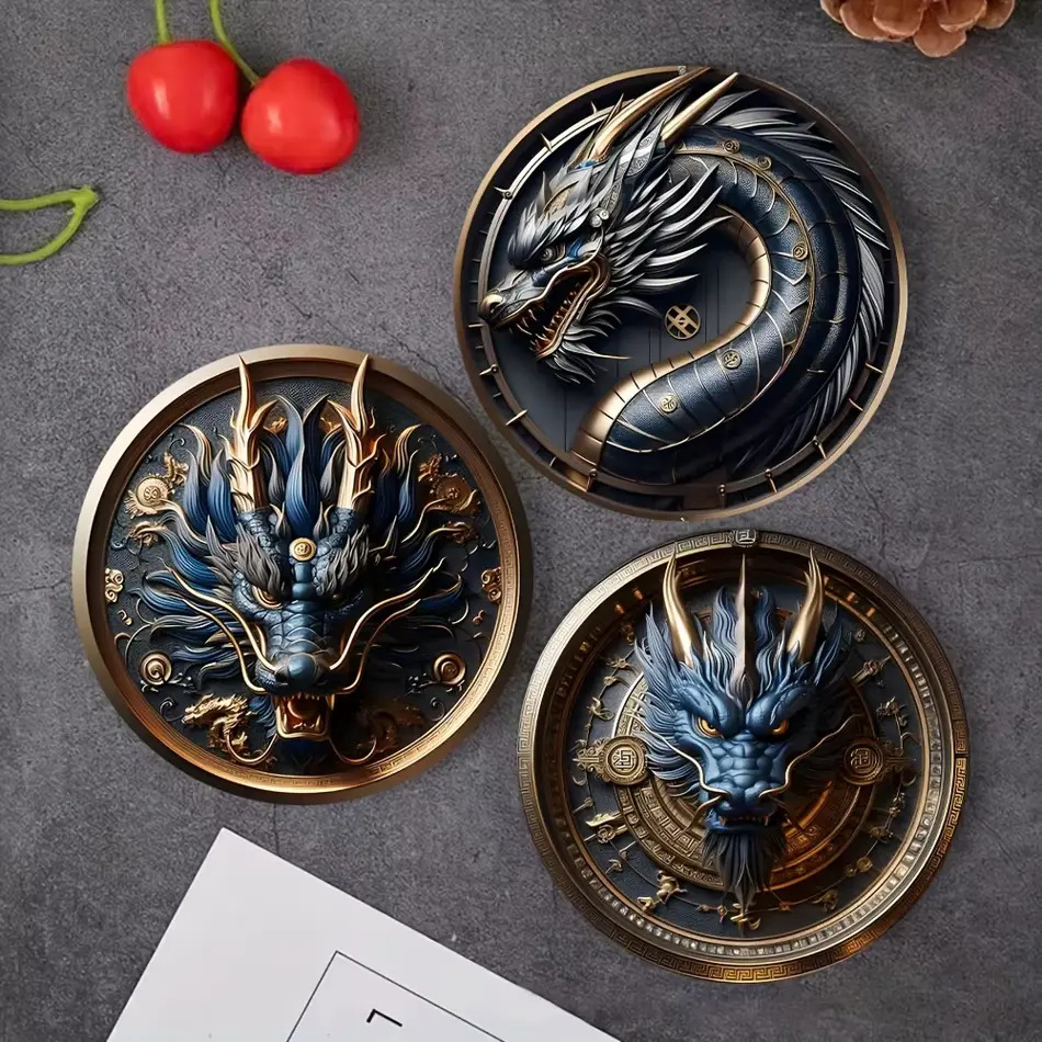 6-Piece Chinese Dragon Wooden Coasters - Heat-Resistant, Durable Drink & Coffee Holders for Office & Kitchen