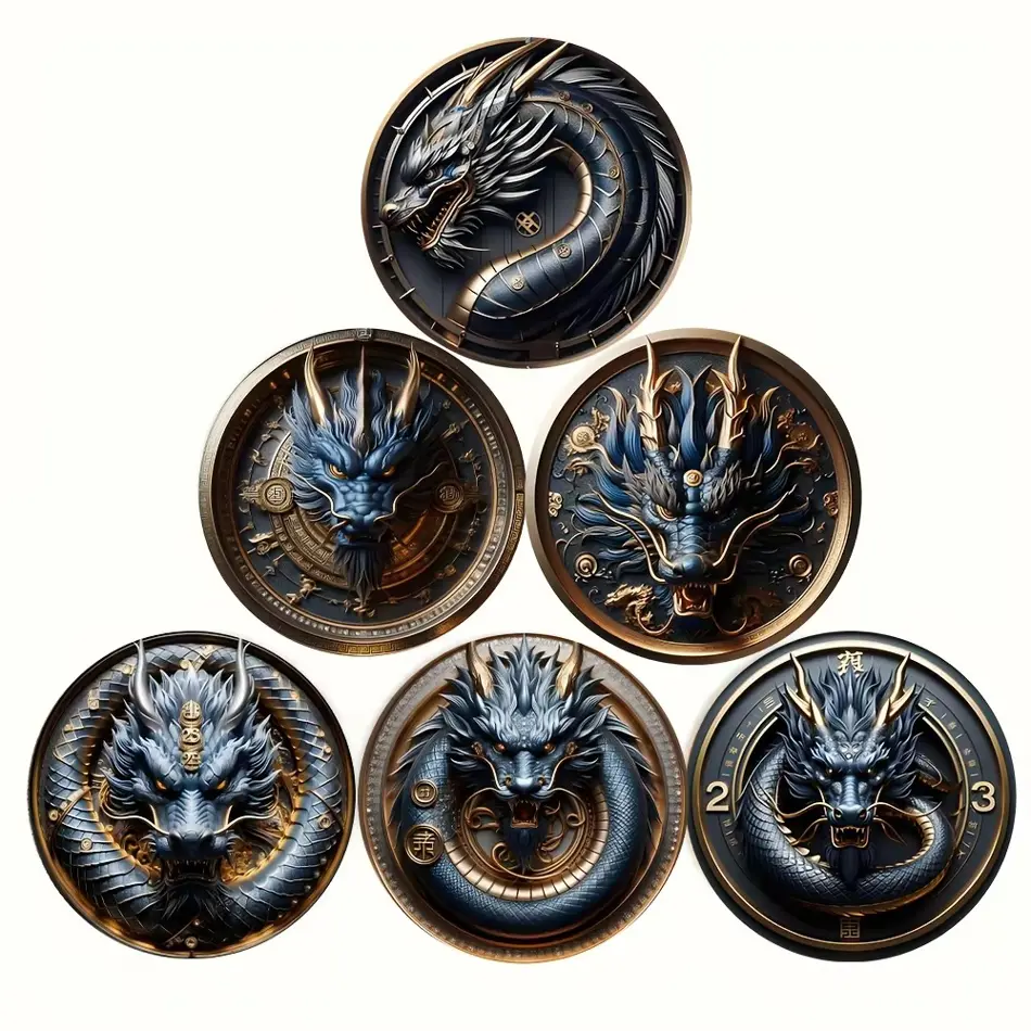 6-Piece Chinese Dragon Wooden Coasters - Heat-Resistant, Durable Drink & Coffee Holders for Office & Kitchen