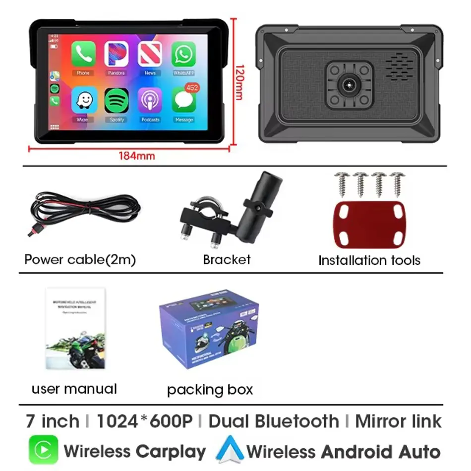 7-Inch Motorcycle DVR Navigation System with 2K Camera, CarPlay, Android Auto, Dual Bluetooth, IP67 Waterproof, Wireless Host for Moto Screen