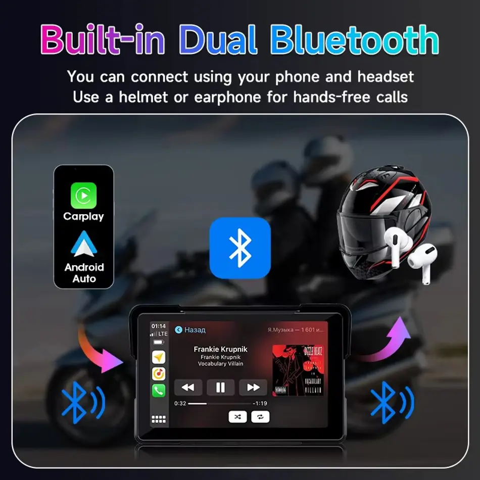 7-Inch Motorcycle DVR Navigation System with 2K Camera, CarPlay, Android Auto, Dual Bluetooth, IP67 Waterproof, Wireless Host for Moto Screen