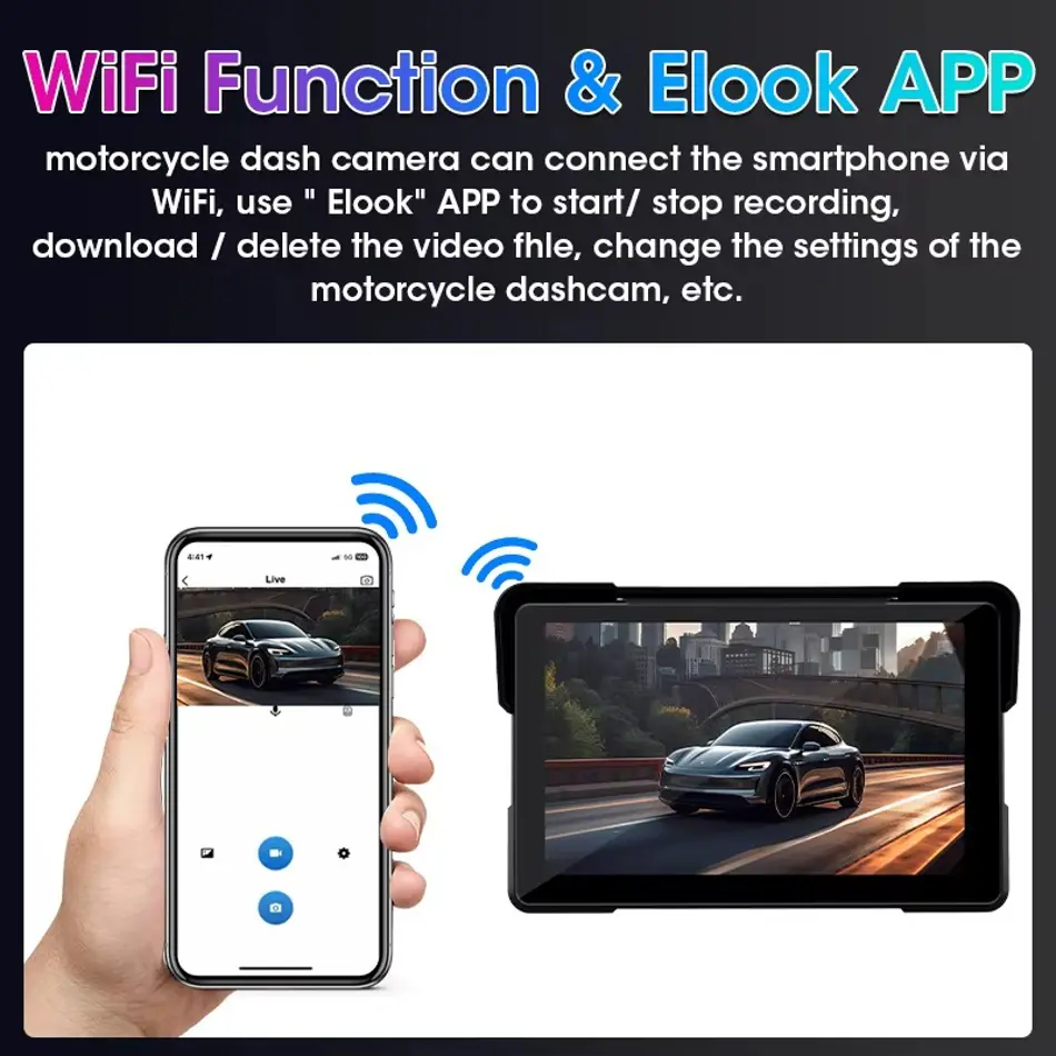 7-Inch Motorcycle DVR Navigation System with 2K Camera, CarPlay, Android Auto, Dual Bluetooth, IP67 Waterproof, Wireless Host for Moto Screen