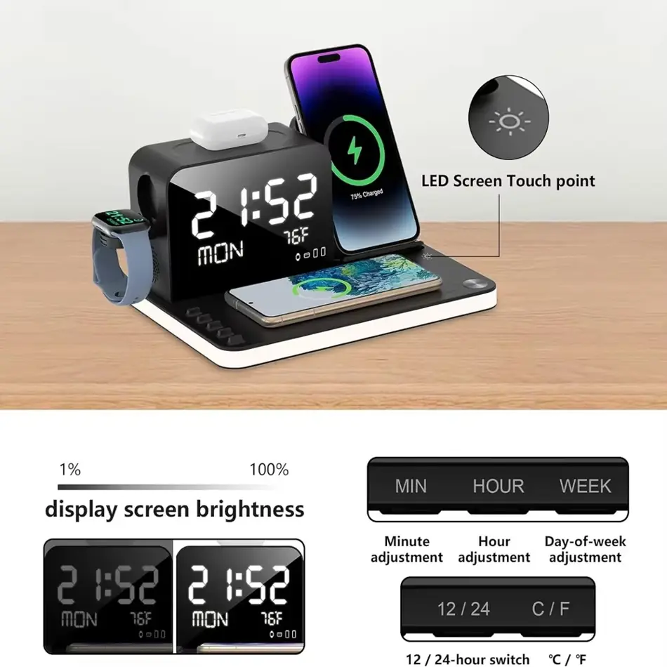 7-in-1 Wireless Charging Station with Dual Fast Charging for iPhone, AirPods & Apple Watch – 30W Adapter, Bluetooth Time Sync, All-in-One Dock