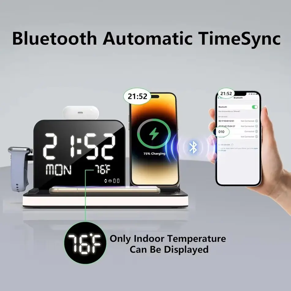 7-in-1 Wireless Charging Station with Dual Fast Charging for iPhone, AirPods & Apple Watch – 30W Adapter, Bluetooth Time Sync, All-in-One Dock