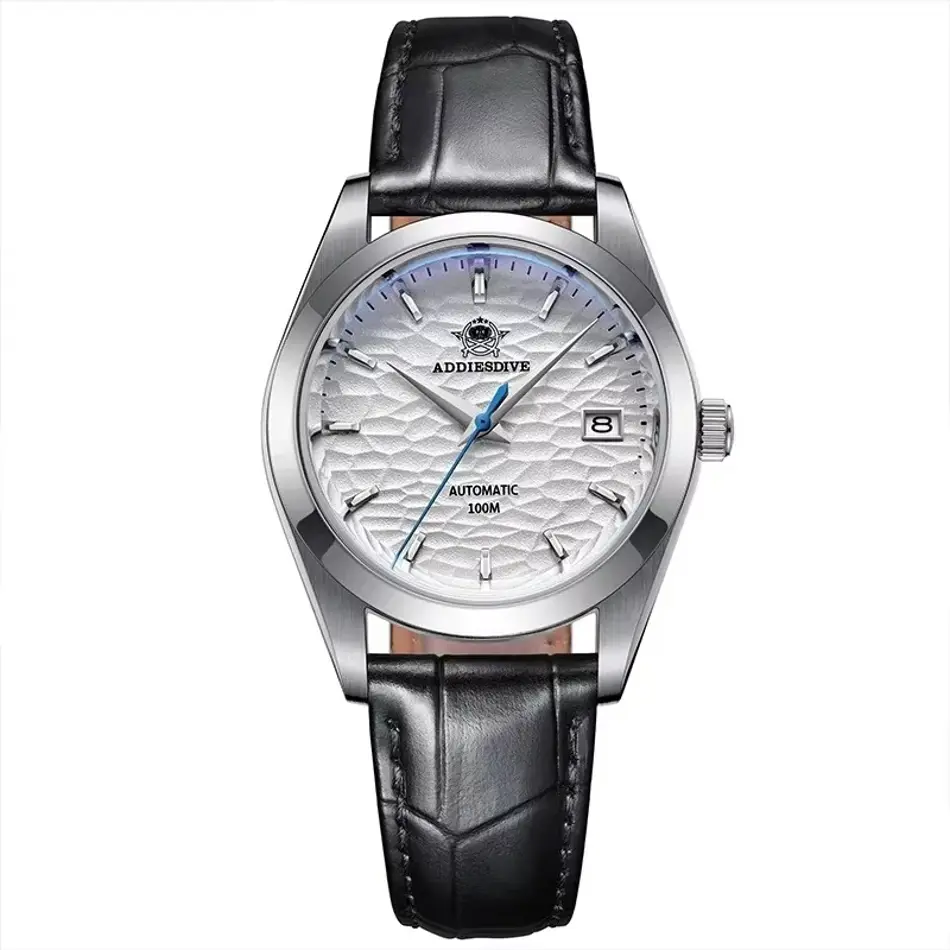 ADDIESDIVE Hot Sale Automatic Men Watch Business NH35A Synthetic Sapphire Mechanical Watches Wave Dial AD2118 Leather Band Diving Wristwatch