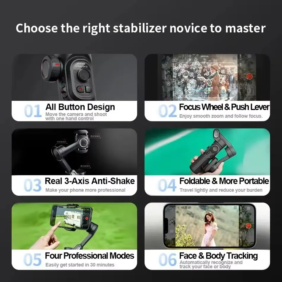 AOCHUAN SmartXE 3-Axis Smartphone Gimbal Stabilizer with AI Tracking | iPhone & Android Vlogging Gimbal for TikTok, YouTube, Travel Videos