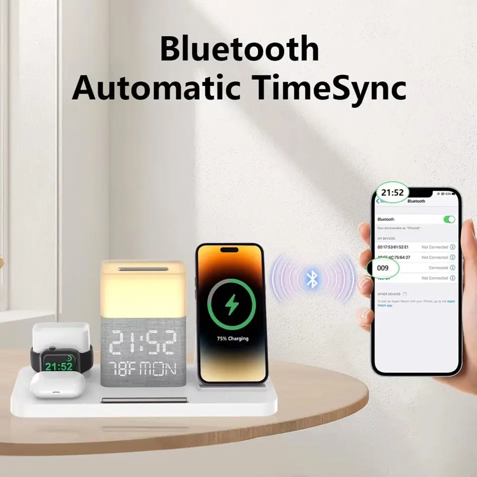 BezosMax 6-in-1 Wireless Charging Station with Bluetooth Clock, Night Light & 30W Fast Charger for iPhone & Apple Devices