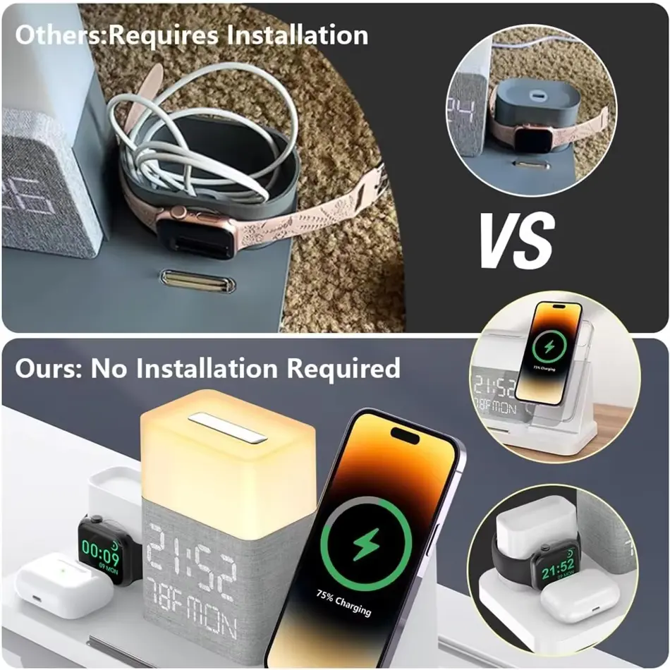 BezosMax 6-in-1 Wireless Charging Station with Bluetooth Clock, Night Light & 30W Fast Charger for iPhone & Apple Devices