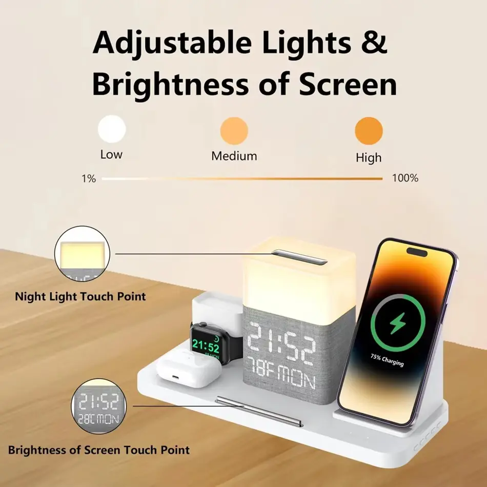BezosMax 6-in-1 Wireless Charging Station with Bluetooth Clock, Night Light & 30W Fast Charger for iPhone & Apple Devices