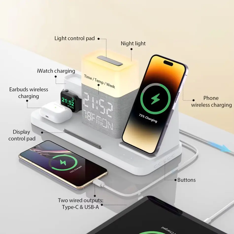BezosMax 6-in-1 Wireless Charging Station with Bluetooth Clock, Night Light & 30W Fast Charger for iPhone & Apple Devices