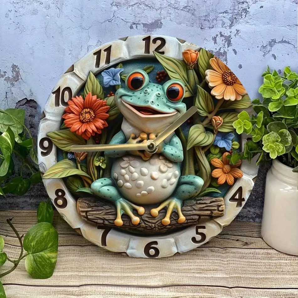 Charming Frog & Floral Wooden Wall Clock - Battery Operated