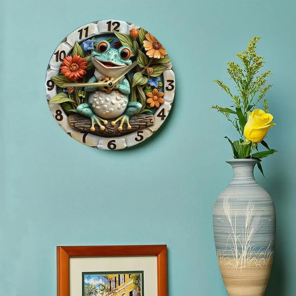 Charming Frog & Floral Wooden Wall Clock - Battery Operated