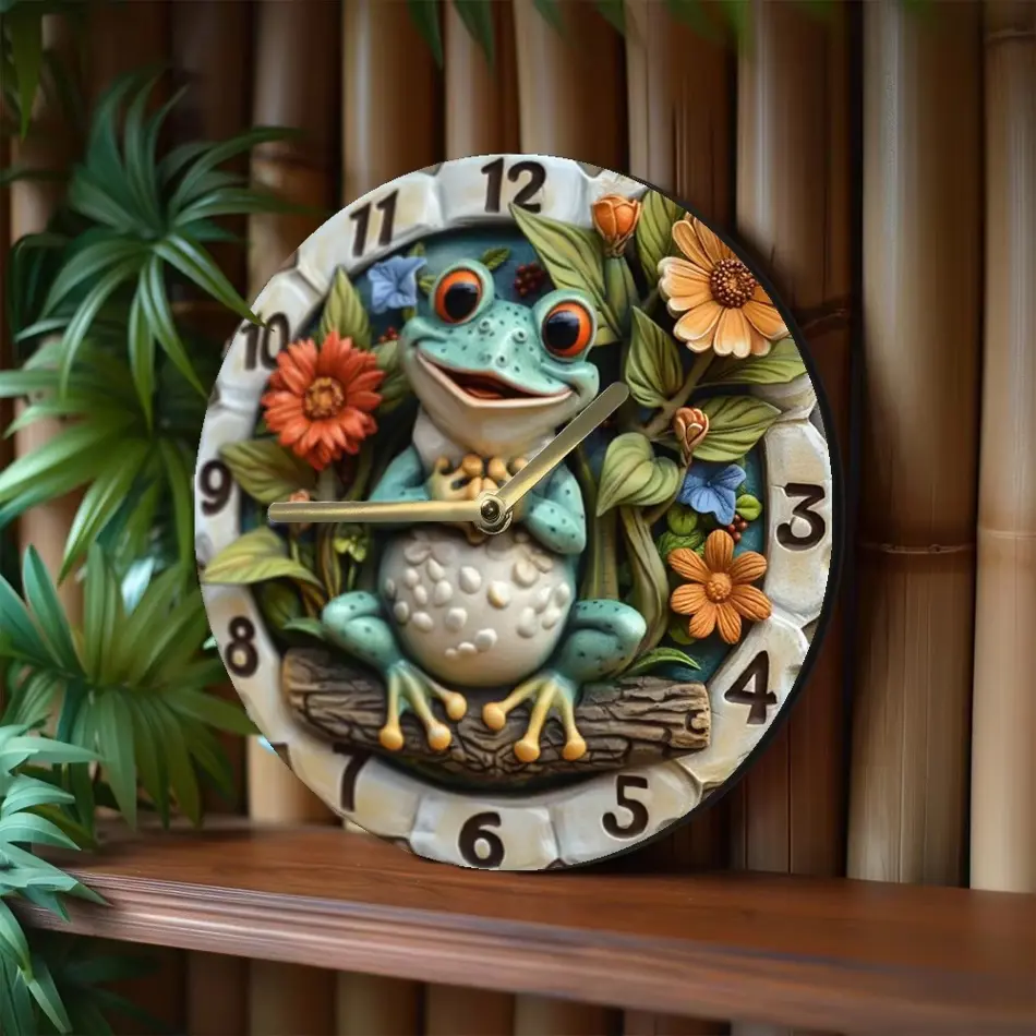 Charming Frog & Floral Wooden Wall Clock - Battery Operated