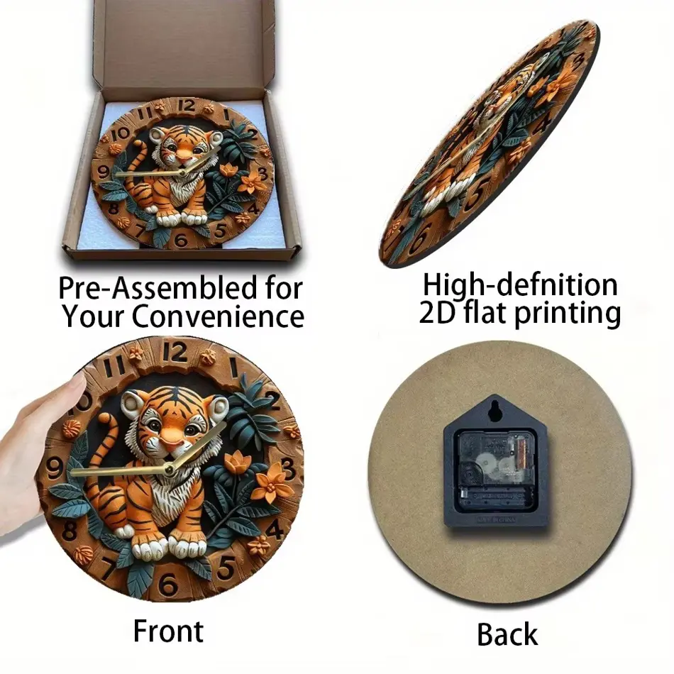 Charming Tiger Pattern Wooden Wall Clock – Perfect for Home Decor