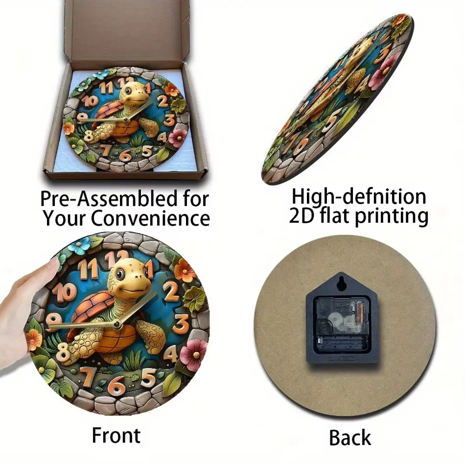 Charming Turtle Pattern Wooden Wall Clock – Cute Home Decor Accent