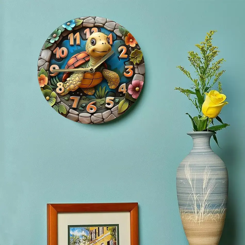 Charming Turtle Pattern Wooden Wall Clock – Cute Home Decor Accent