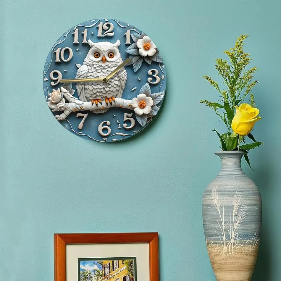 Charming Wooden Wall Clock – Owl & Floral Coffee Theme for Cozy Decor