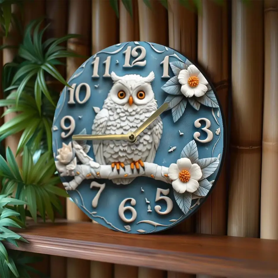 Charming Wooden Wall Clock – Owl & Floral Coffee Theme for Cozy Decor