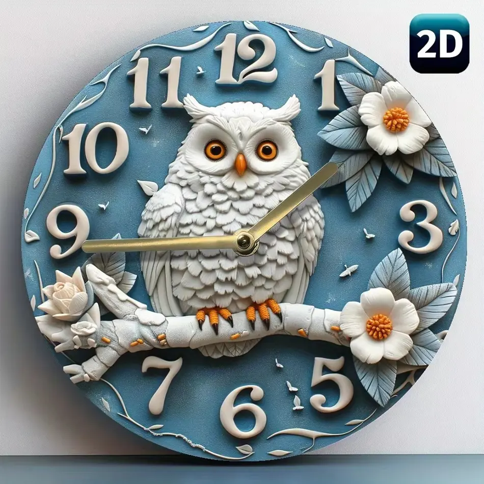 Charming Wooden Wall Clock – Owl & Floral Coffee Theme for Cozy Decor