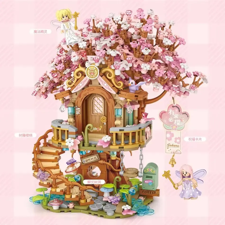 Cherry Blossom Tree Building Blocks Set – DIY Mini Bricks, City Fairies, Flowers, Friends Toys for Kids