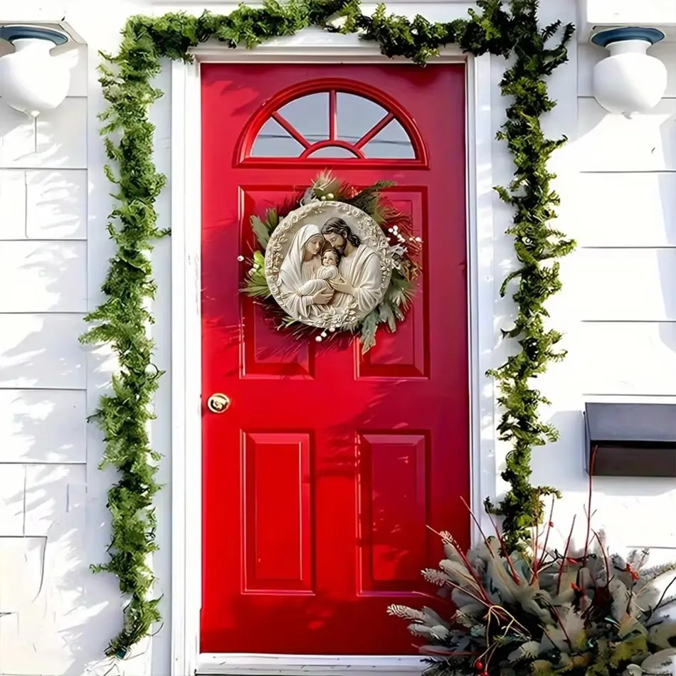 Christmas "Birth" Logo Wooden Wreath - 2D Round 8x8 Inches, Front Door & Living Room Decoration