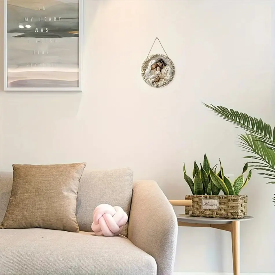Christmas "Birth" Logo Wooden Wreath - 2D Round 8x8 Inches, Front Door & Living Room Decoration