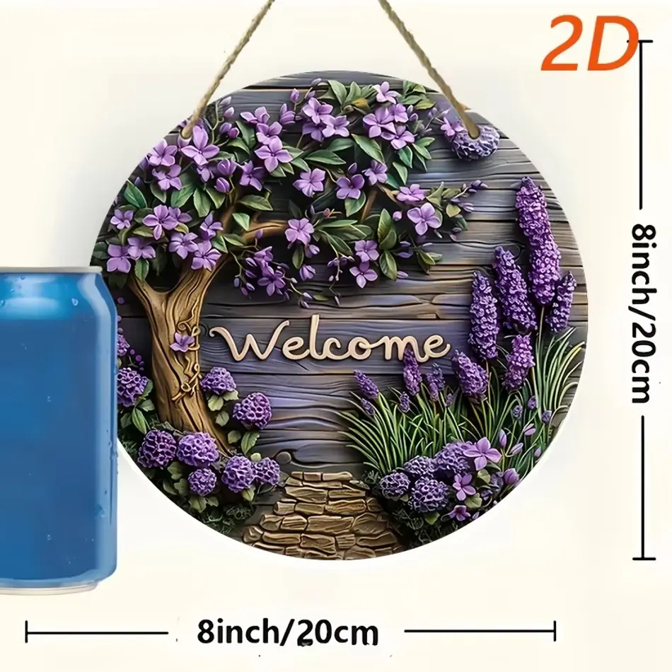 Classic Wooden Welcome Sign with Lavender Wreath - 7.87-inch Multi-Purpose Wall Hanging for Home