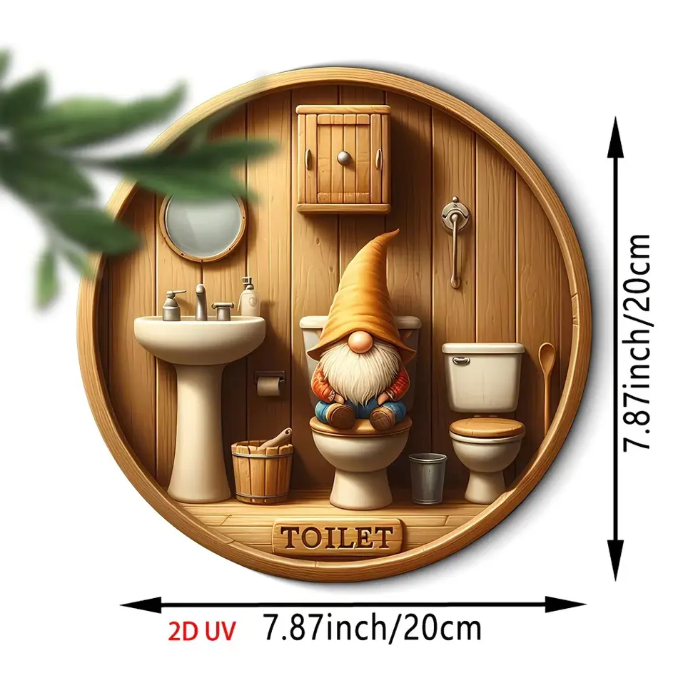 Country Gnome Toilet Logo - Wooden Round Decorative Plate for Bathroom, Farmhouse Entrance, Anniversary, Country Style Home Decor