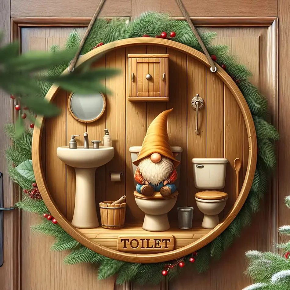Country Gnome Toilet Logo - Wooden Round Decorative Plate for Bathroom, Farmhouse Entrance, Anniversary, Country Style Home Decor