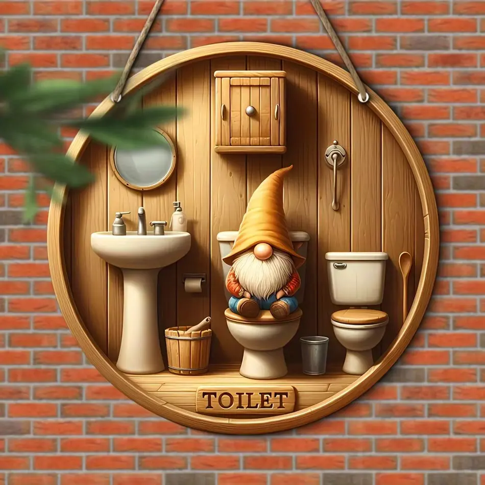 Country Gnome Toilet Logo - Wooden Round Decorative Plate for Bathroom, Farmhouse Entrance, Anniversary, Country Style Home Decor