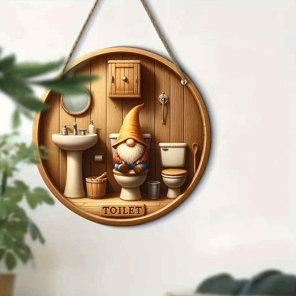 Country Gnome Toilet Logo - Wooden Round Decorative Plate for Bathroom, Farmhouse Entrance, Anniversary, Country Style Home Decor