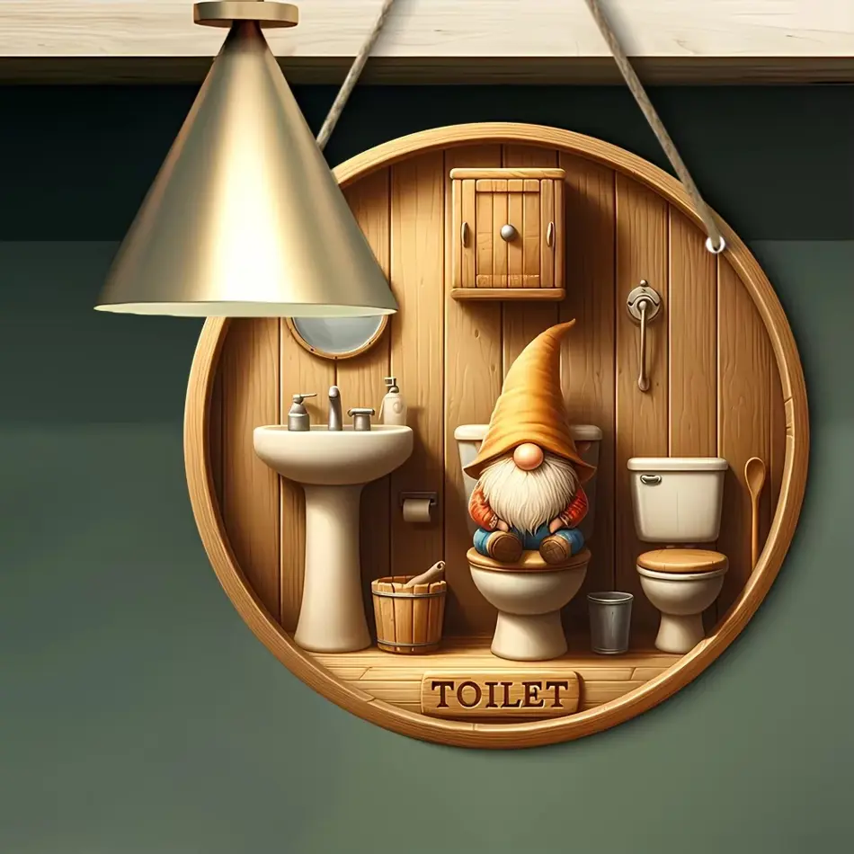 Country Gnome Toilet Logo - Wooden Round Decorative Plate for Bathroom, Farmhouse Entrance, Anniversary, Country Style Home Decor