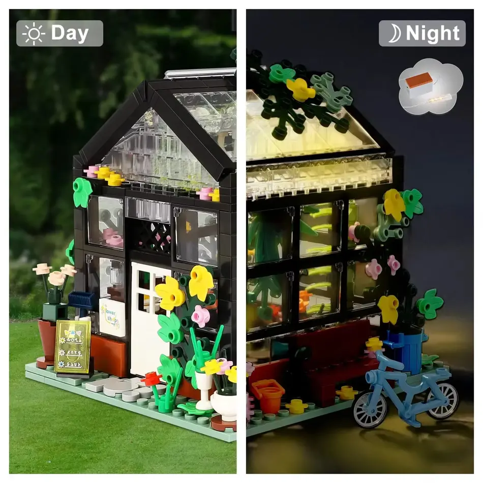  Creative Flower Shop City Street View Building Blocks with LED Lights - Dream House DIY Tent Bricks Model for Kids & Girls