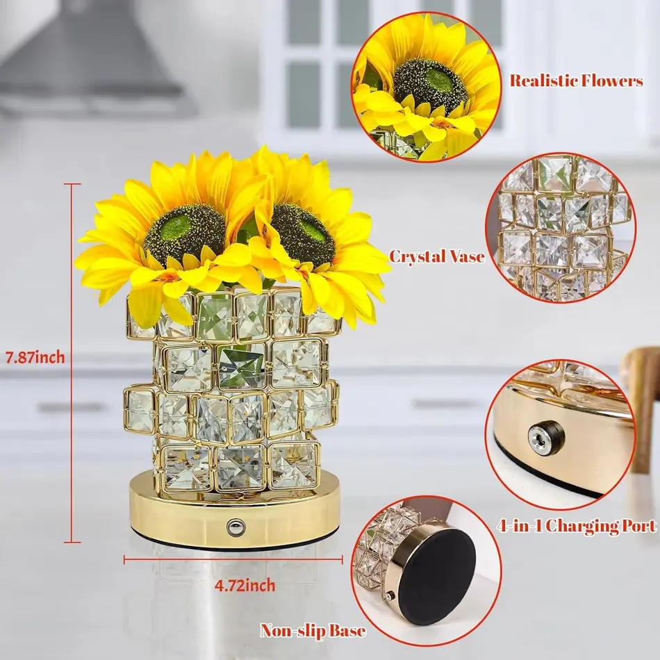 Crystal Sunflower Bloom Touch Lamp – USB Rechargeable Nightstand Light with Dimmable Glow