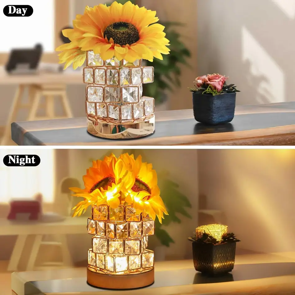 Crystal Sunflower Bloom Touch Lamp – USB Rechargeable Nightstand Light with Dimmable Glow