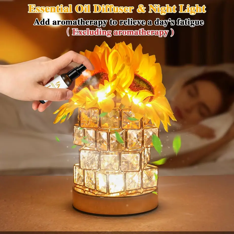Crystal Sunflower Bloom Touch Lamp – USB Rechargeable Nightstand Light with Dimmable Glow