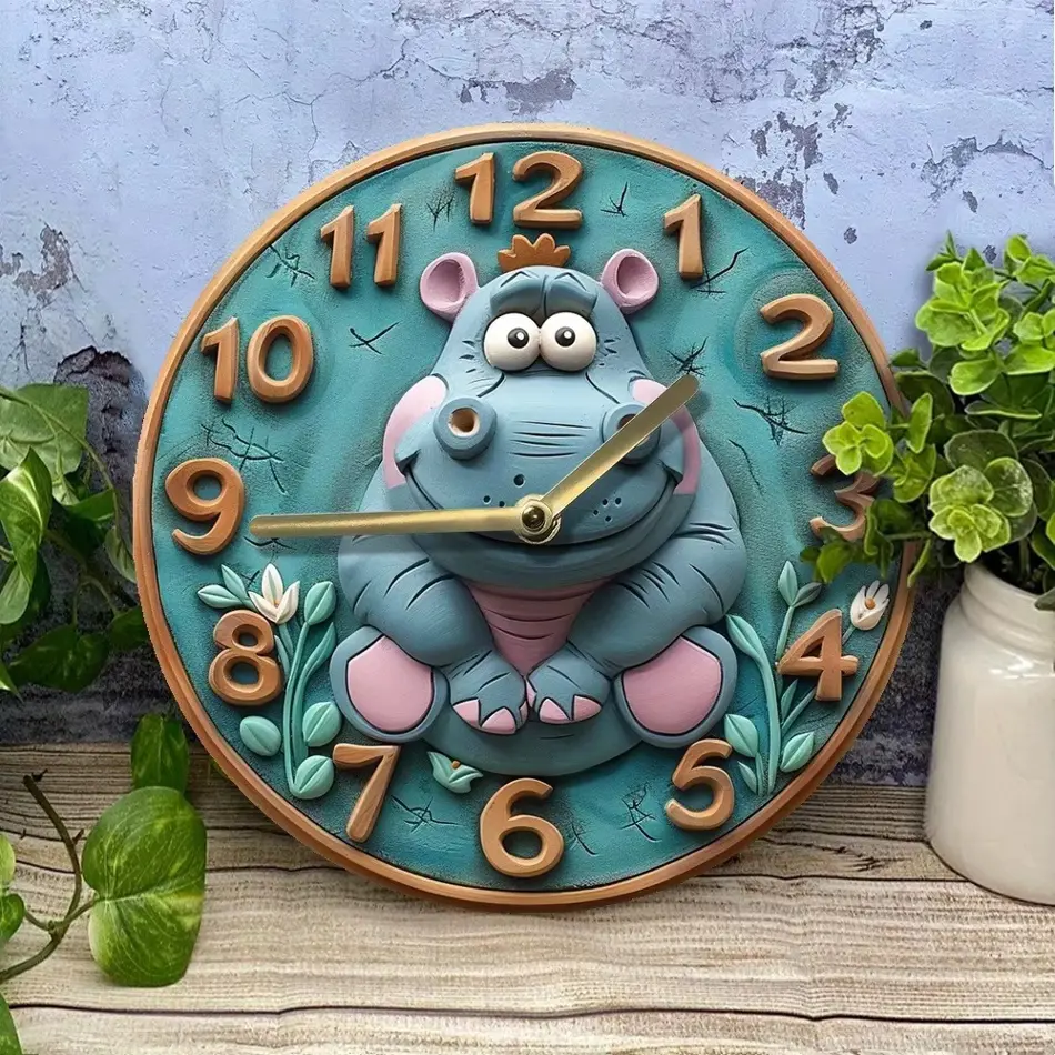 Cute Hippo Wooden Wall Clock – Battery Operated Home Décor for Kids & Nursery