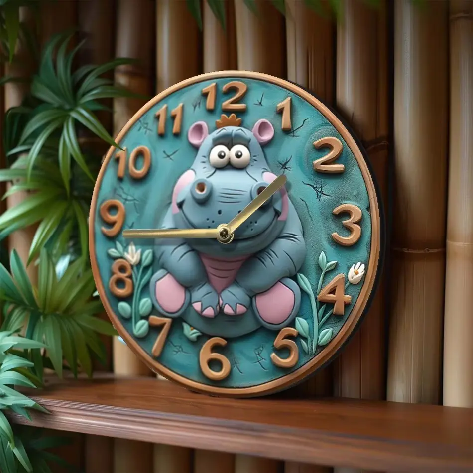 Cute Hippo Wooden Wall Clock – Battery Operated Home Décor for Kids & Nursery