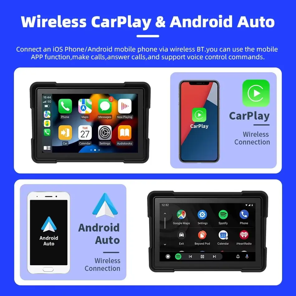 EKIY 5" Motorcycle GPS DVR Display with Wireless CarPlay & Android Auto | Dual Bluetooth, Waterproof, Touchscreen Navigation Monitor