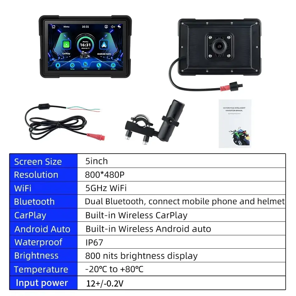 EKIY 5" Motorcycle GPS DVR Display with Wireless CarPlay & Android Auto | Dual Bluetooth, Waterproof, Touchscreen Navigation Monitor