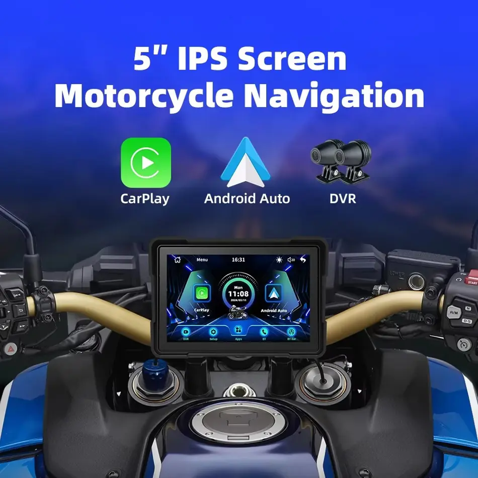 EKIY 5" Motorcycle GPS DVR Display with Wireless CarPlay & Android Auto | Dual Bluetooth, Waterproof, Touchscreen Navigation Monitor