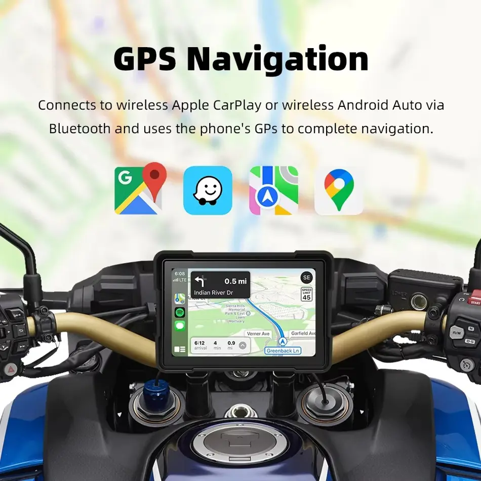 EKIY 5" Motorcycle GPS DVR Display with Wireless CarPlay & Android Auto | Dual Bluetooth, Waterproof, Touchscreen Navigation Monitor