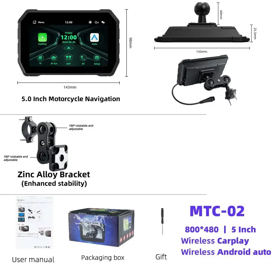 EKIY 5" Smart Motorcycle GPS Display with CarPlay & Android Auto | Waterproof, Portable Navigation System